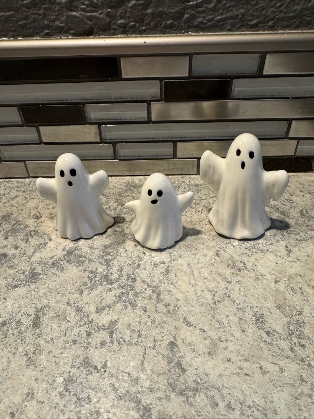 White Ceramic Ghost Figurine Set of 3 - Festive Tabletop Decor
